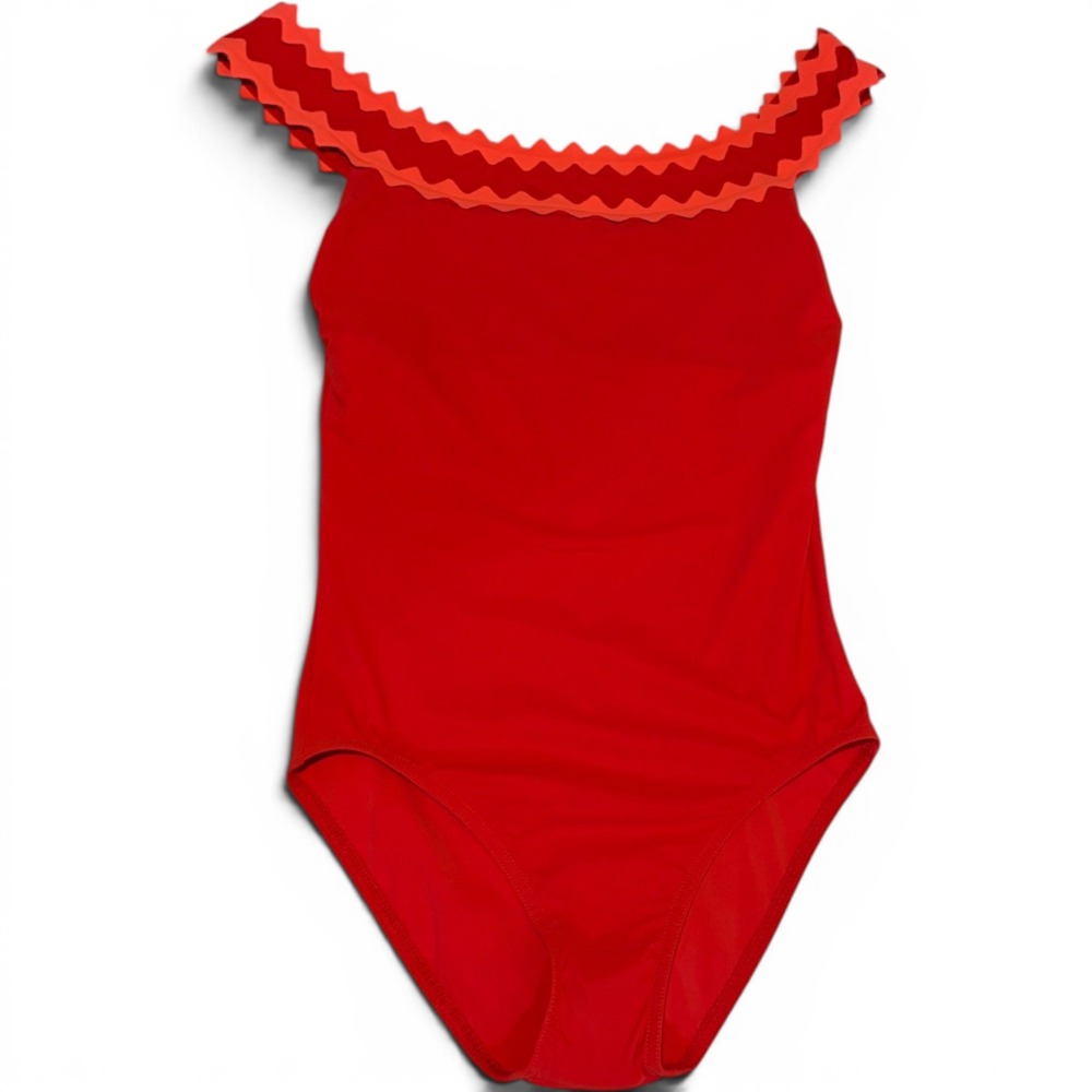 Karla Colletto New One Piece Swimsuit Sz 12 Red Off Shoulder Wave Rickrack USA